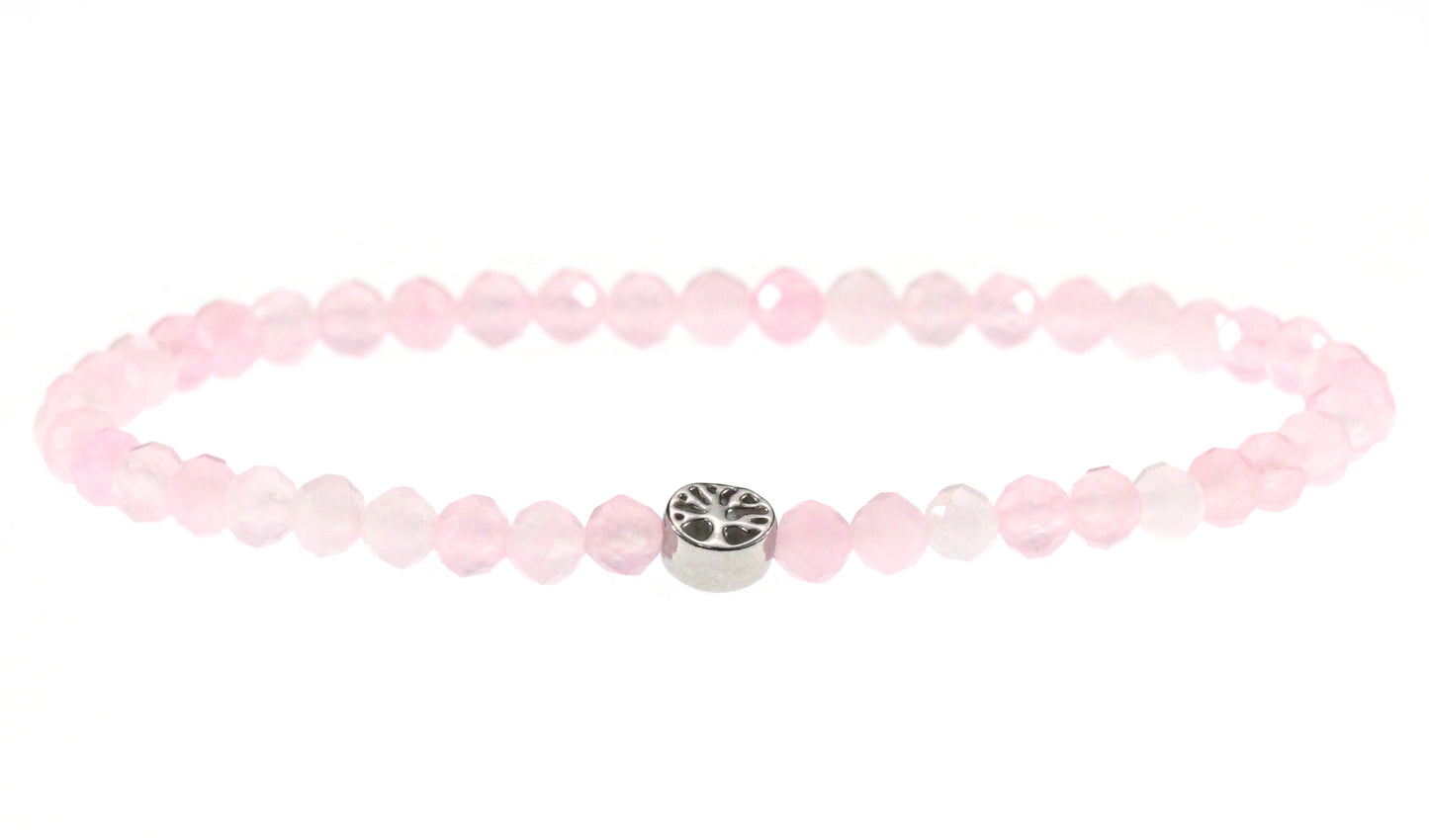 Rosenquarz Edelstein Armband 4mm mit Lebensbaum