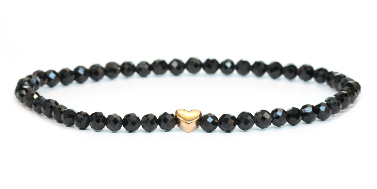 Schwarzer Turmalin Edelstein Armband 4mm facettiert mit Herz