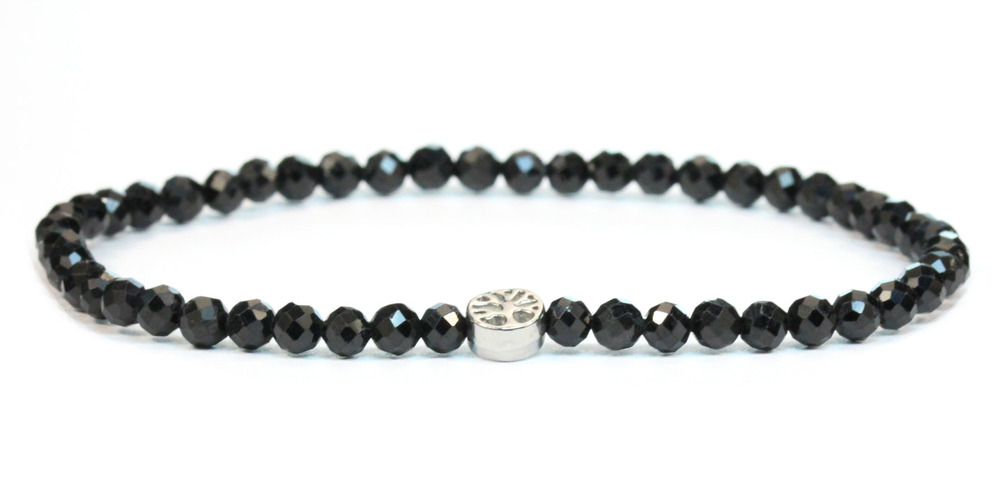 Echtes Schwarzer Turmalin Edelstein Armband 4mm facettiert mit Lebensbaum
