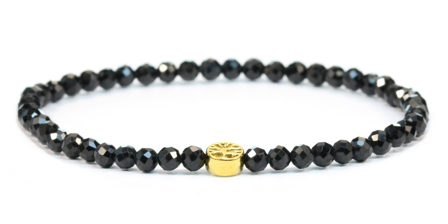 Echtes Schwarzer Turmalin Edelstein Armband 4mm facettiert mit Lebensbaum