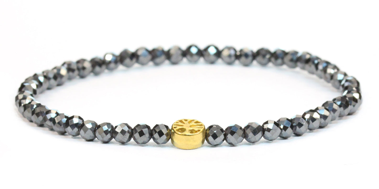 Echtes Hämatit Edelstein Armband 4mm facettiert mit Lebensbaum