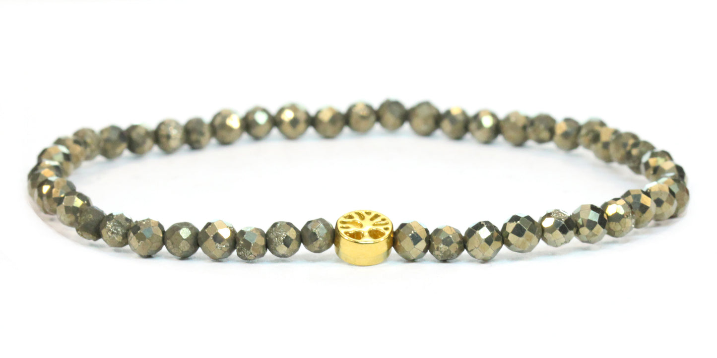 Echtes Pyrit Edelstein Armband 4mm facettiert mit Lebensbaum