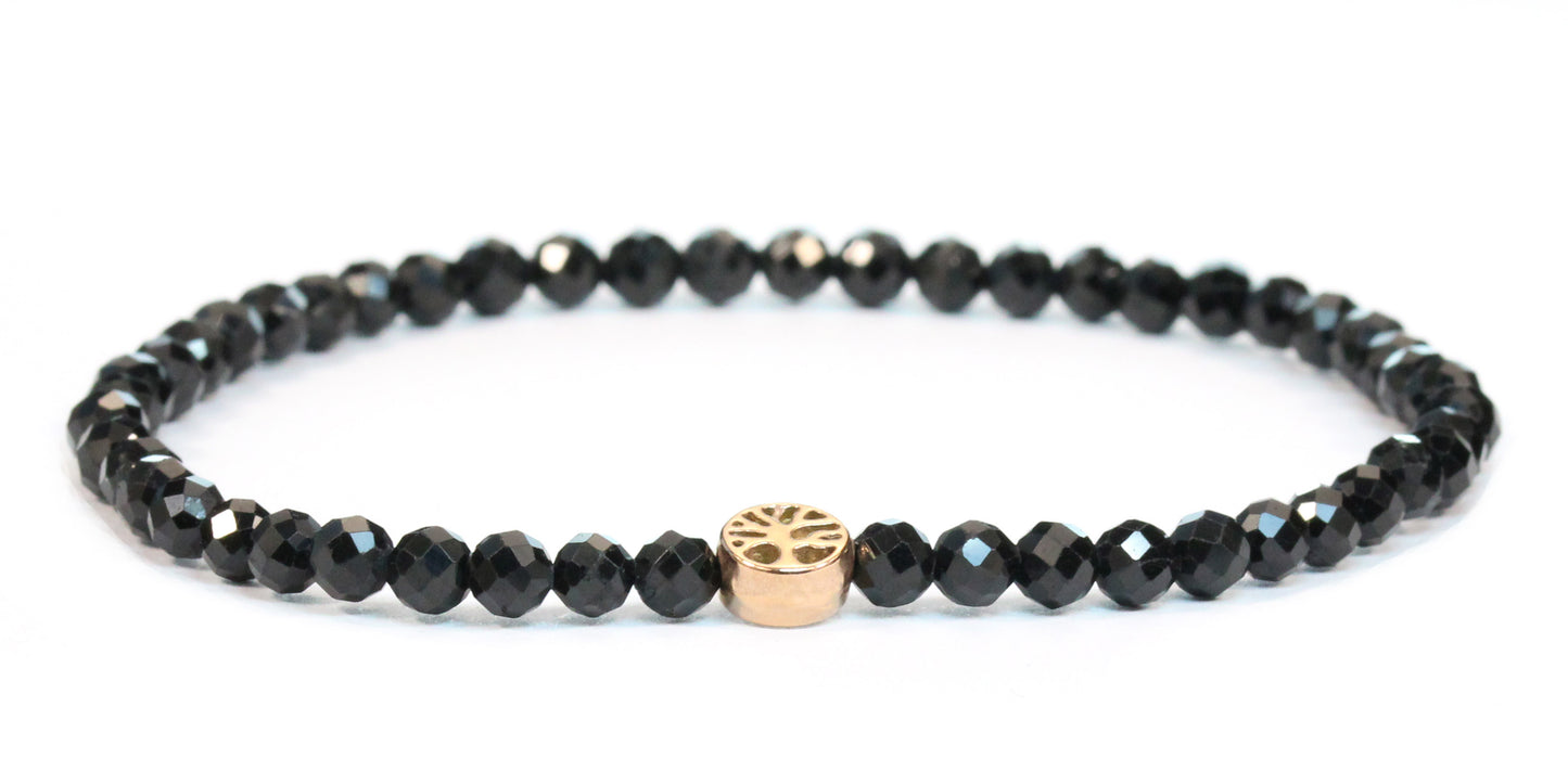 Echtes Schwarzer Turmalin Edelstein Armband 4mm facettiert mit Lebensbaum