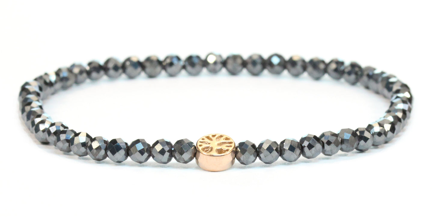 Echtes Hämatit Edelstein Armband 4mm facettiert mit Lebensbaum