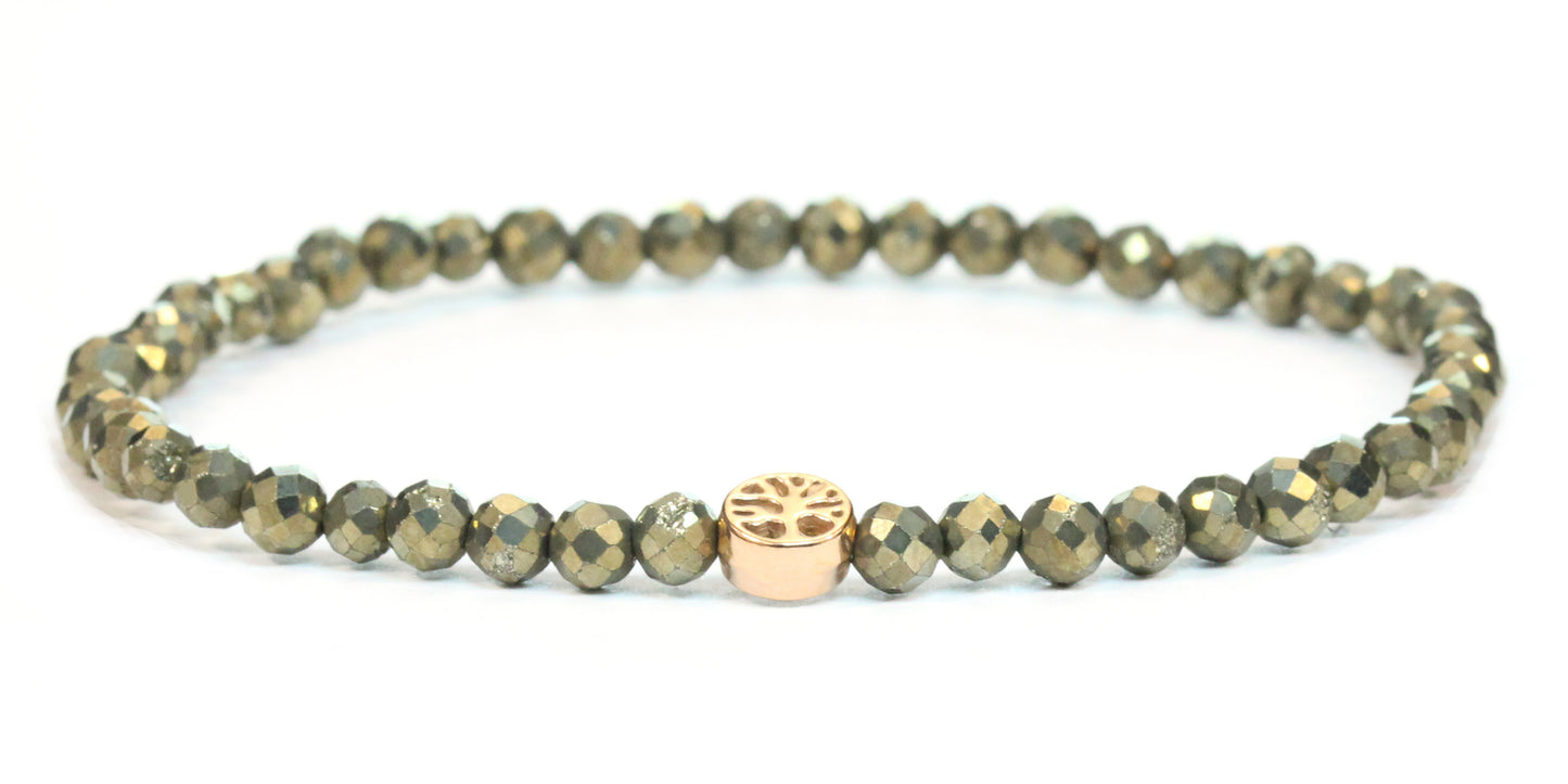 Echtes Pyrit Edelstein Armband 4mm facettiert mit Lebensbaum