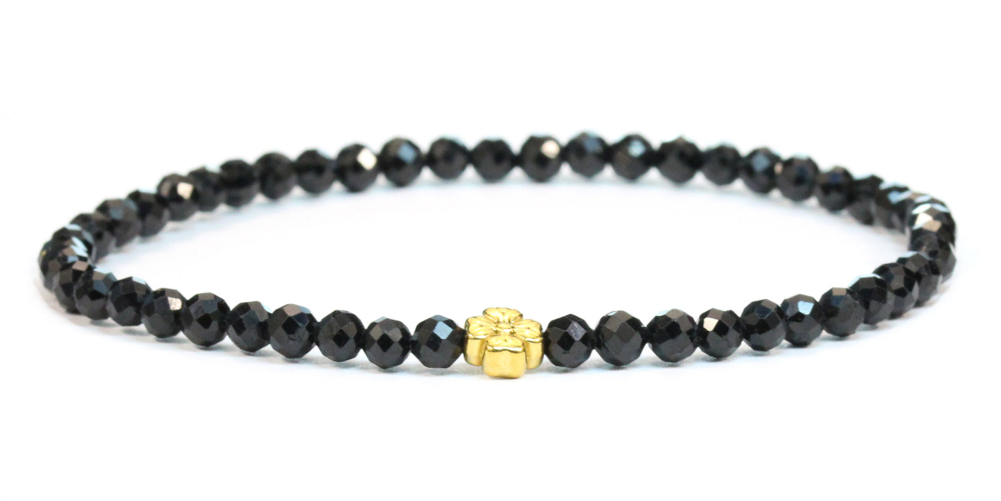 Echtes Schwarzer Turmalin Edelstein Armband 4mm facettiert mit Blüte