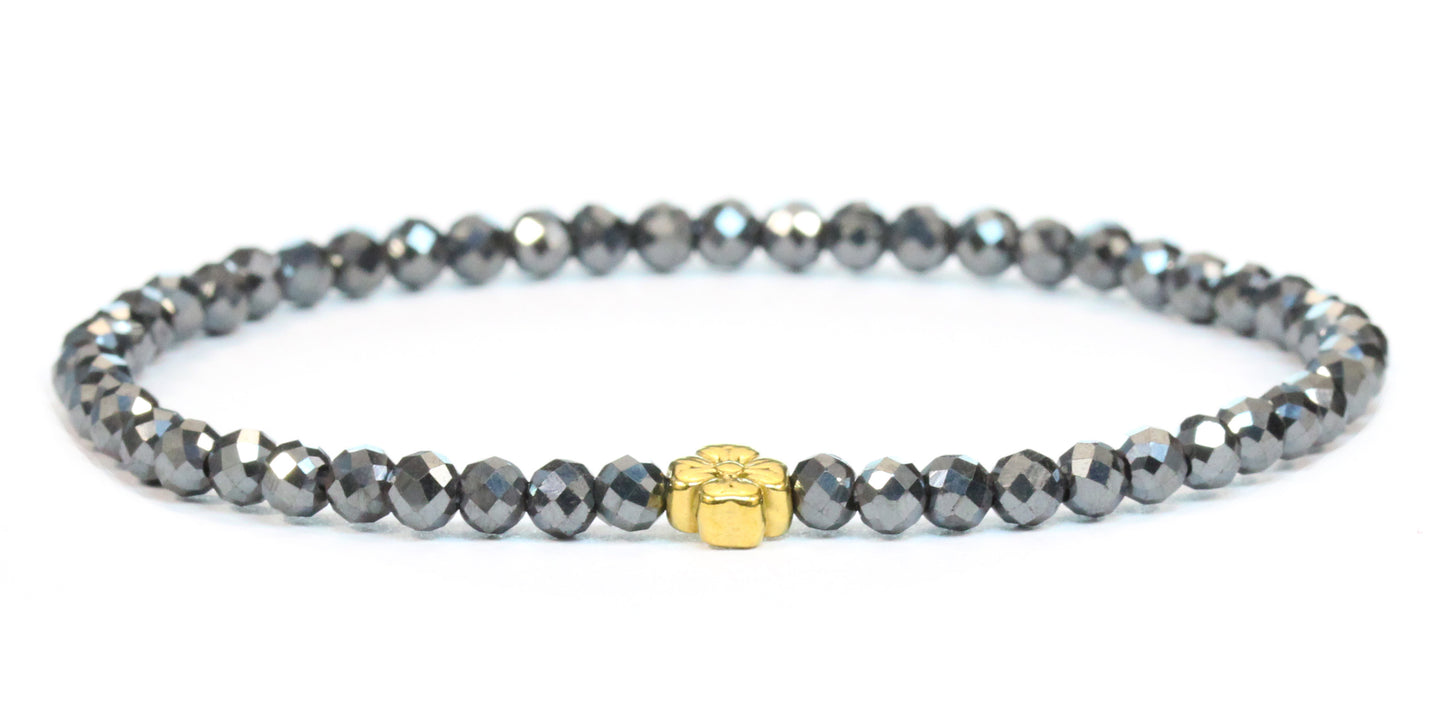 Echtes Hämatit Edelstein Armband 4mm facettiert mit Blüte