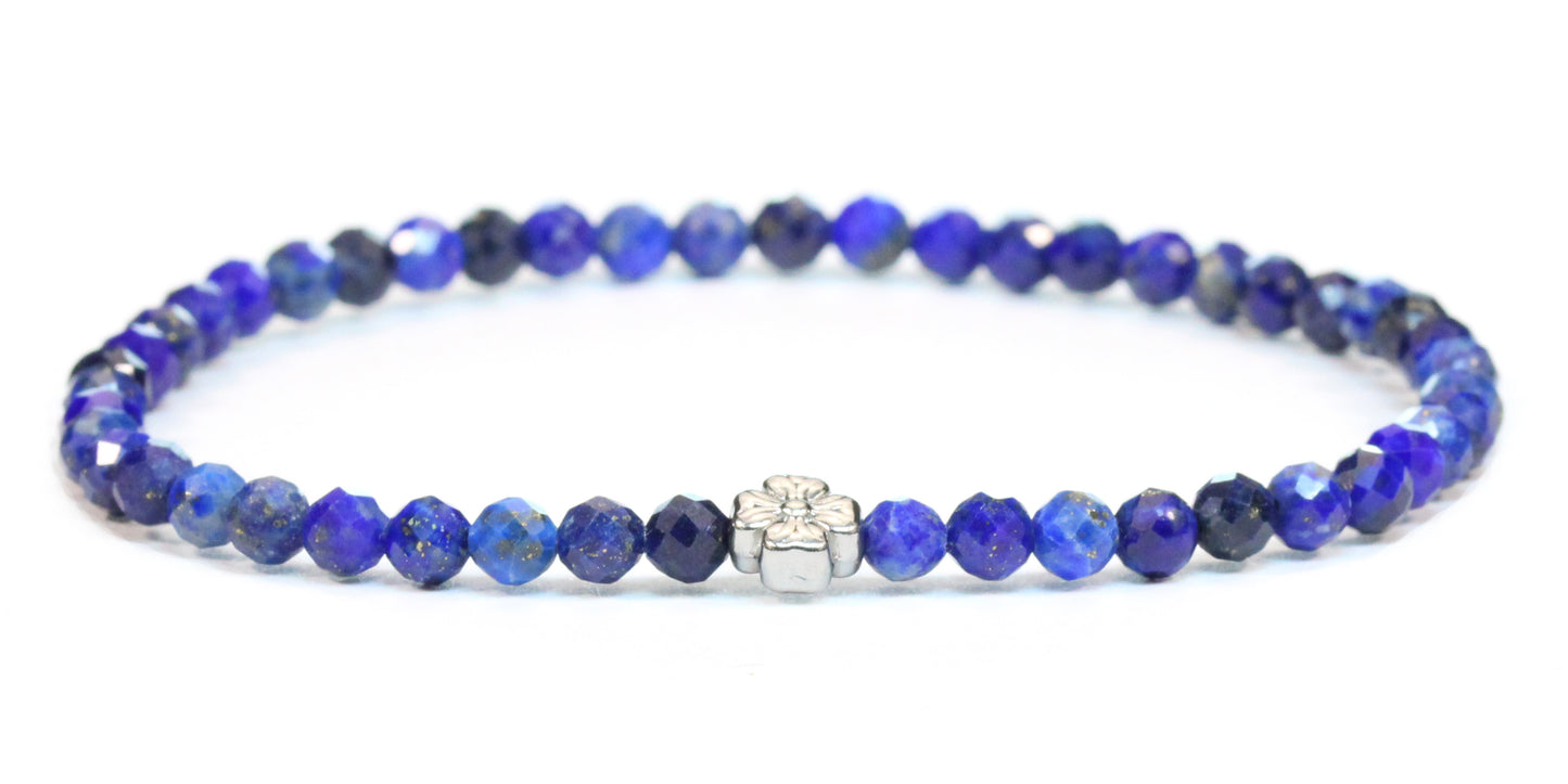 Echtes Lapislazuli Edelstein Armband 4mm facettiert mit Blüte