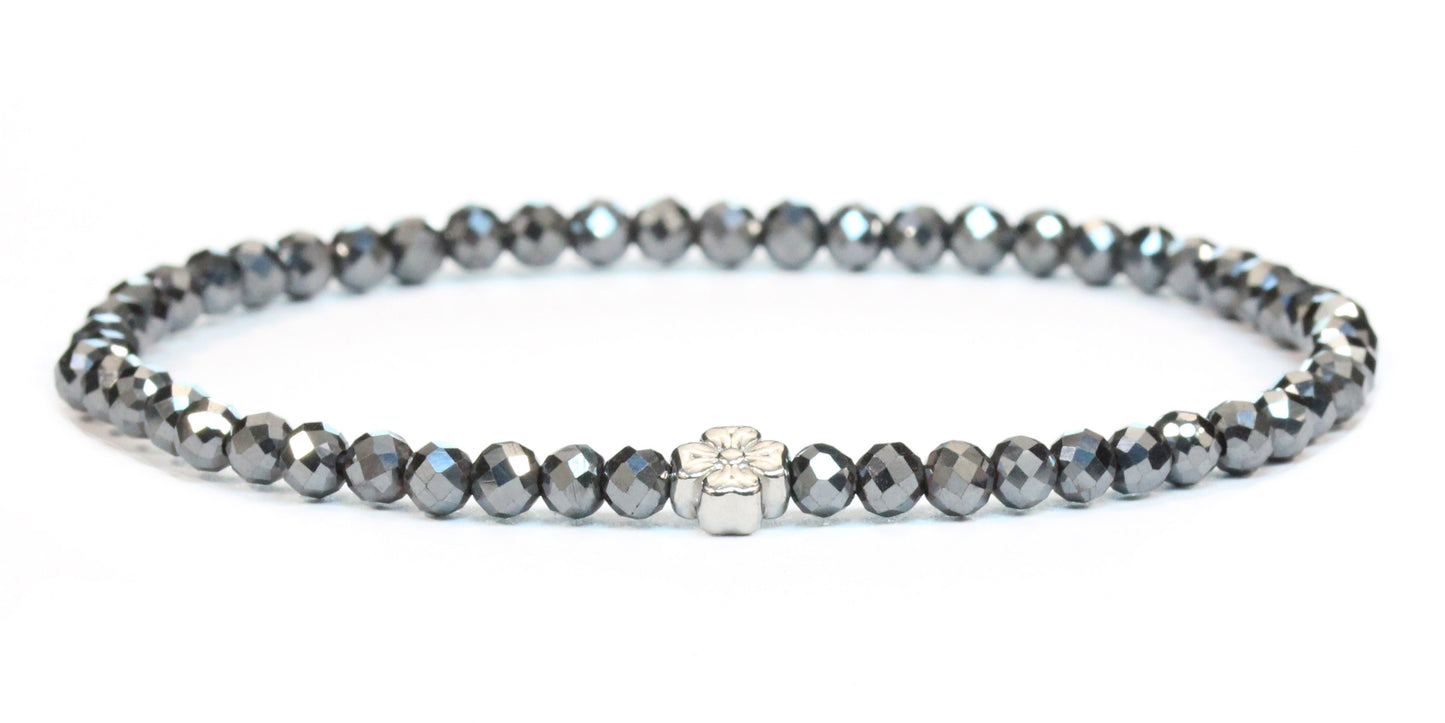 Echtes Hämatit Edelstein Armband 4mm facettiert mit Blüte
