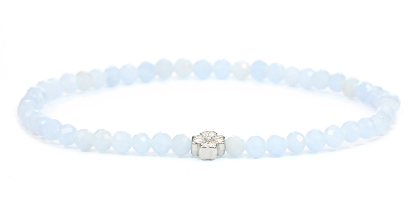 Echtes Blauer Angelit Edelstein Armband 4mm facettiert mit Blüte