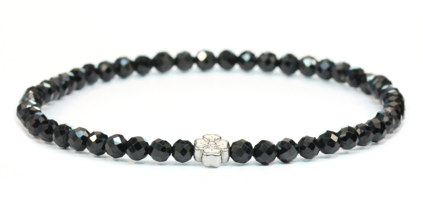 Echtes Schwarzer Turmalin Edelstein Armband 4mm facettiert mit Blüte
