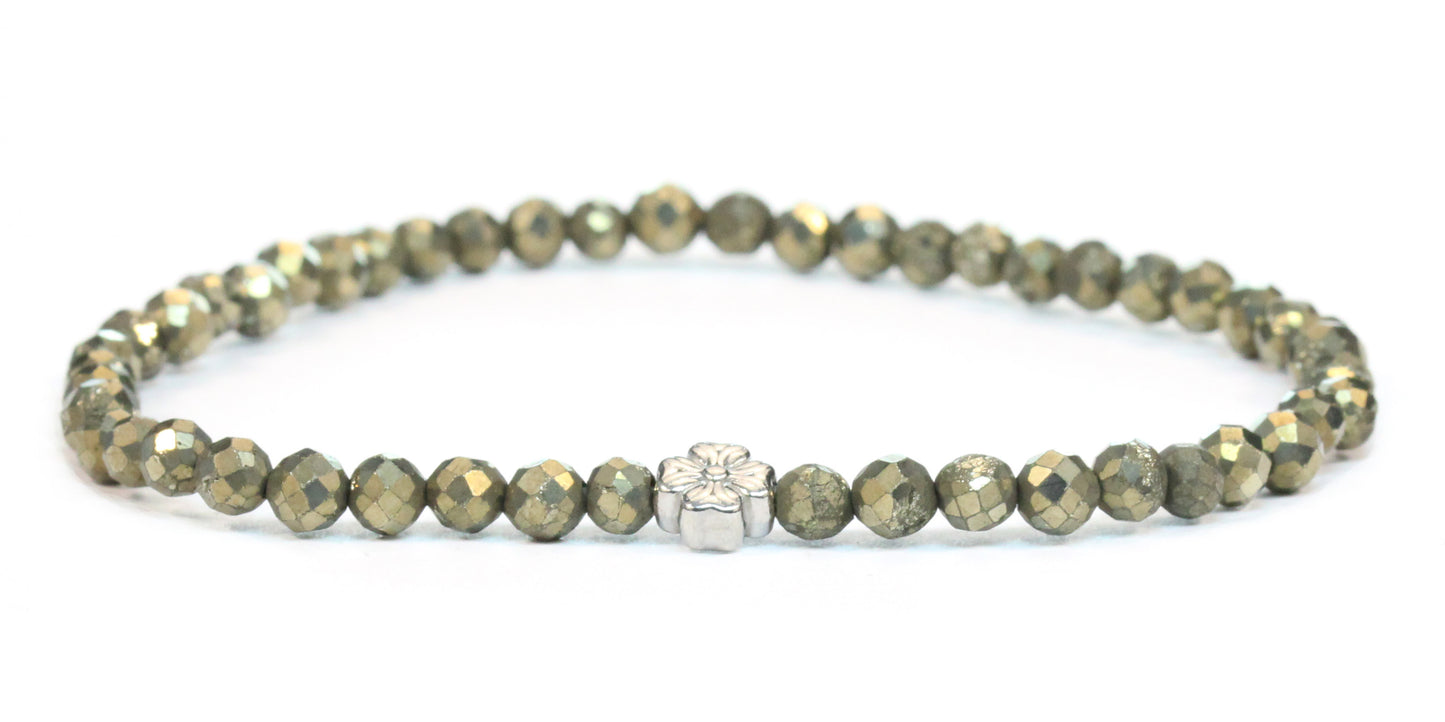 Echtes Pyrit Edelstein Armband 4mm facettiert mit Blüte