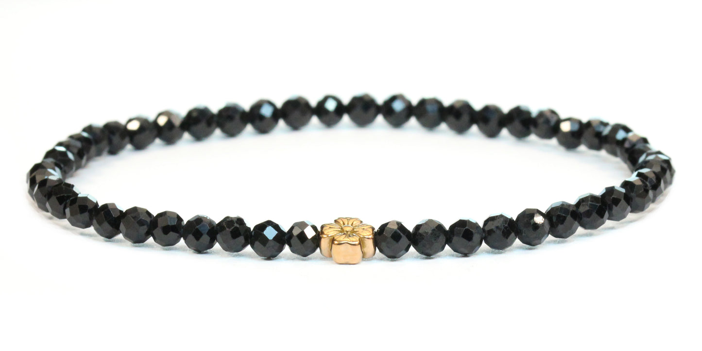 Echtes Schwarzer Turmalin Edelstein Armband 4mm facettiert mit Blüte