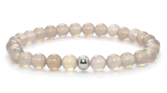 Grauer Achat Edelstein Armband 6mm mit Edelstahlkugel