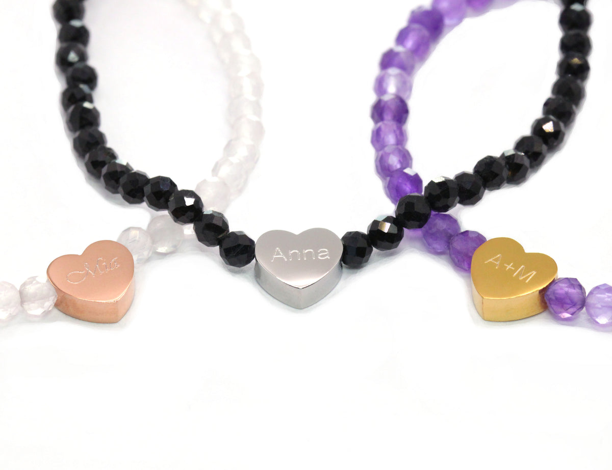 Edelstein Armband mit Edelstahlherz - auf Wunsch auch mit Gravur personalisiert
