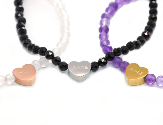Edelstein Armband mit Edelstahlherz - auf Wunsch auch mit Gravur personalisiert