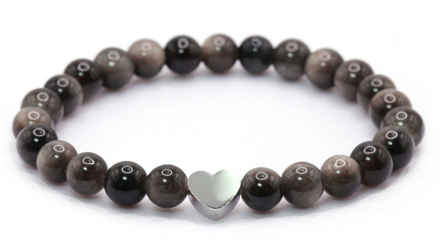 Silberobsidian Edelstein Armband mit Edelstahlherz